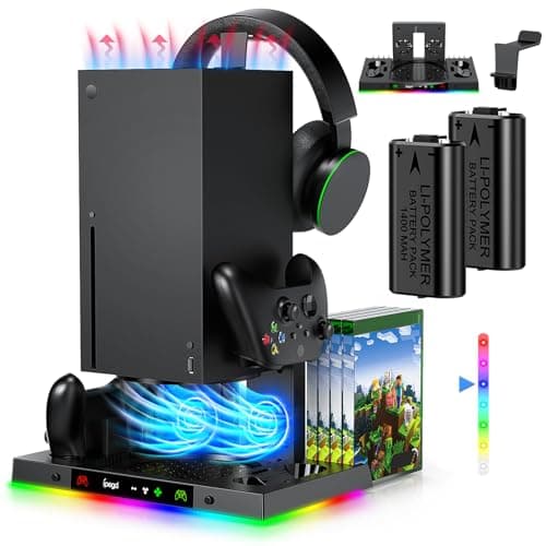 Image of LED Cooling Stand and Charging Station for Xbox Series X Console & Controller, Cooling Fan Station for Xbox Series X Accessories with 2x 1400mAh Rechargeable Controller Battery Pack, 15 Light Modes