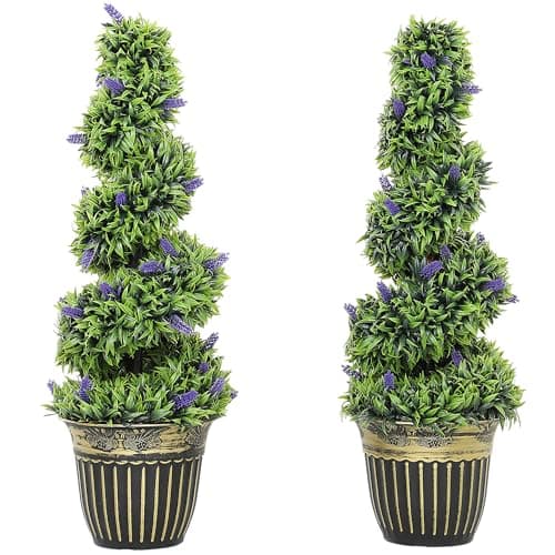 Image of HOMCOM Set of 2 Decorative Artificial Plants, Boxwood Spiral Topiary Tree with Lavender and Pot, Fake Plants for Home Indoor Outdoor Decor, 90cm