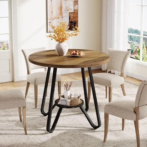 Image of Tribesigns Round Dining Table with Storage & Metal Base, 80cm Kitchen Dining Room Table for 2-4, Small Wooden Circle Dinner Tables Space-Saving Table for Livingroom, Rustic Brown