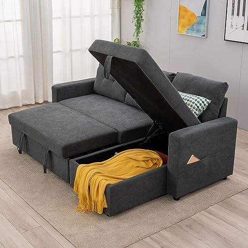 Image of Panana 3 Seater Corner Sofa Bed L-Shaped Sofa Sectional Sofa with Chaise & Storage (Gray Linen Corner Sofabed)