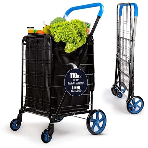 Image of SereneLife Foldable Shopping Trolley Cart, 360° Swivel Wheels, 50Kg Capacity, 90 L Waterproof Bag, Heavy-Duty Steel Frame, Collapsible, Portable & Tool-Free Setup for Groceries, Laundry, Travel - Blue