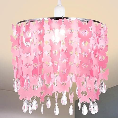 Image of Butterfly Light Shade for Ceiling Pendant Light, Dreamy Lightshade with Crystal Beads, Easy Fit Lampshade with Star Light Effect for Girl’s Bedroom Decoration, Diameter 30cm, Pink
