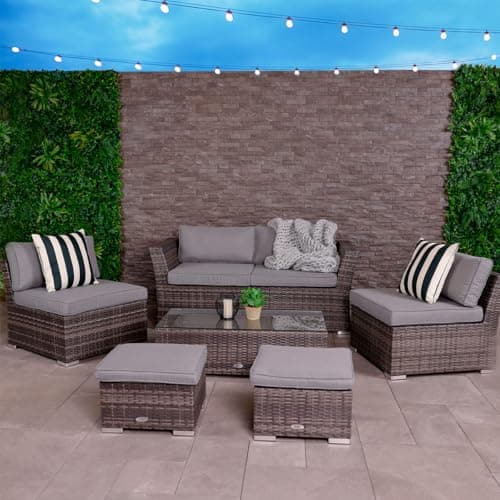 Image of CHARLES BENTLEY St Tropez Rattan Lounge Set, Outdoor, Indoor, Patio, Space Saving, Furniture, Coffee Table, Sofa, Chairs, Garden, Compact, Contemporary, 6 Seater, Removable Seat Cushions (75x157x65cm)