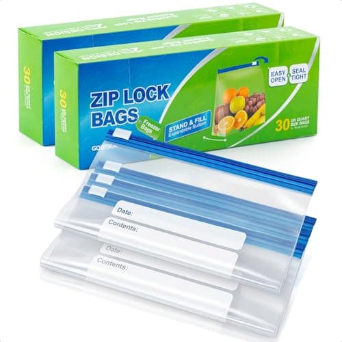 Image of GobiSea 60-Pack Zip Lock Freezer Bags - 1L, Ziplock Sandwich Bags Food Storage Bag Zip Seal, BPA-Free Freezer Bag Ziplock with Expandable Bottom for Fruits, Vegetables, Meat, Nuts