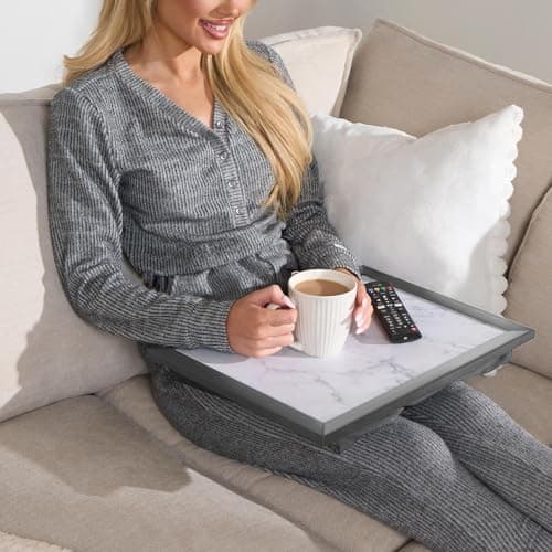 Image of OHS Lap Trays with Bean Bag Cushion, Marble Effect Large Padded Tray with Cushion for Kids Adults Dinner Trays on Laps Suitable for Work Food Studies TV Sofa or Bed, Grey/White