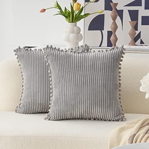 Image of Home Brilliant Pom Pom Cushion Covers for Bed Sofa Grey Cushion Cover Decorative Corduroy Pillow Covers 18x18 Set of 2, 45 x 45cm, Light Grey