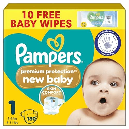 Image of Pampers Premium Protection New Baby Size 1, 180 Nappies, 2kg-5kg, Monthly Pack, The Only Newborn Nappy Approved by British Skin Foundation