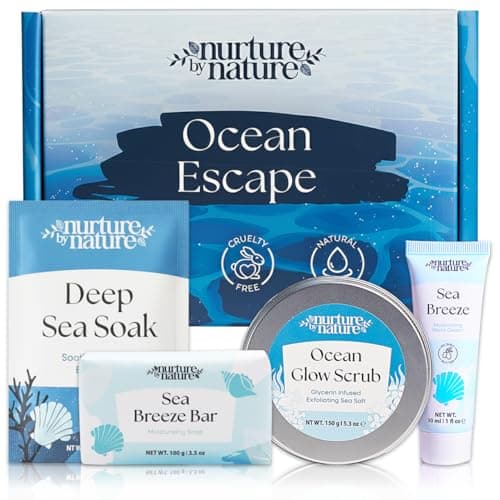 Image of Nurture by Nature Pamper Gift Set for Women – Birthday Gifts for Her, 4 Piece Marine Spa Gift Set with Body Scrub, Bath Salts, Soap & Hand Cream, Self Care Bath Set for Mum, Mother’s Day or Christmas