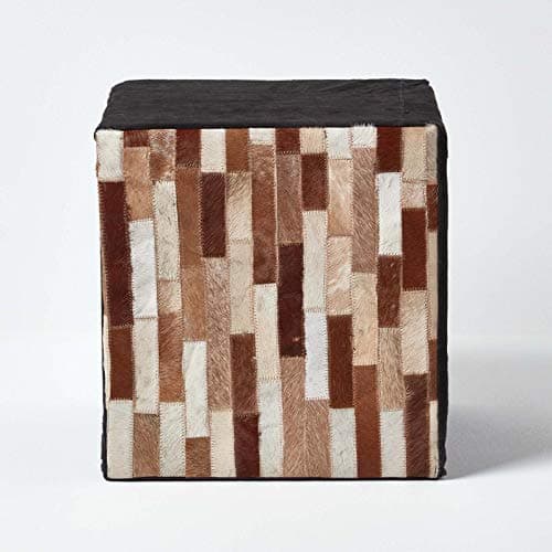 Image of HOMESCAPES Brown and Black Tile Pattern Leather Suede Cube Pouffe - 36 x 36 x 38 cm