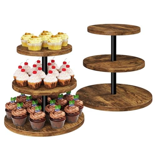 Image of IBUYKE 3 Tier Cupcake Stand,Wood Durable Cupcake Tower,Round Serving Display Stand,Dessert Table Display Tree Tower for Birthday,Home Party, Wedding, Baby Shower,Rustic Brown TLJ017H-2