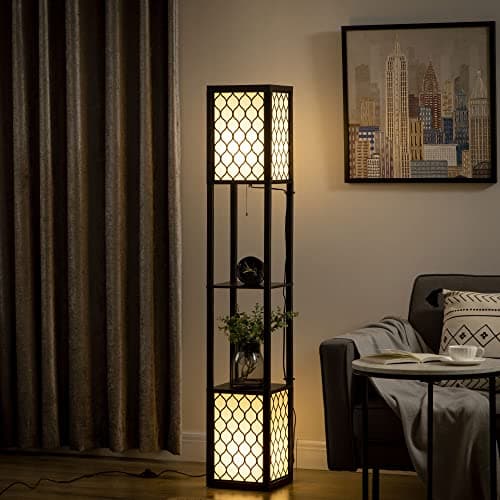 Image of HOMCOM Floor Lamp with Shelves, Modern Tall Standing Lamps with Fabric Lampshade, Chain Switch and Dual Light for Living Room, Bedroom, Bulb not Included, Black
