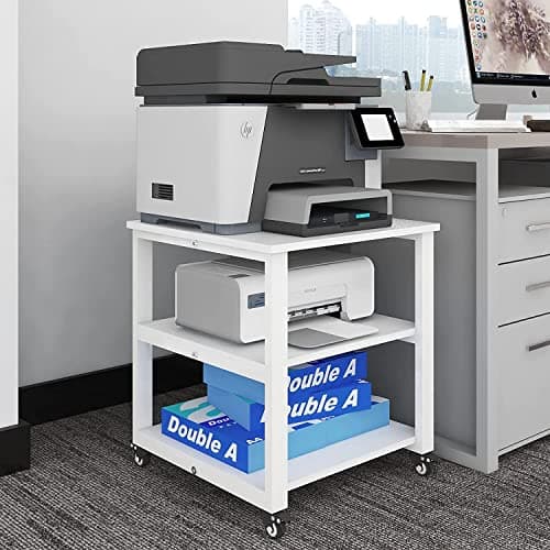 Image of PUNCIA 3-Tier Laser Printer Stand with Storage 50x50x57.5cm Large Printer Table on Wheels Under Desk Storage Trolley Heavy Duty Rolling Cart Movable Rack Fax Scanner Shelf for Home Office (White)