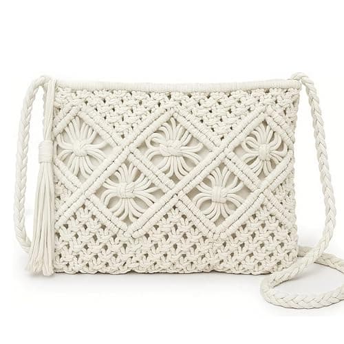 Image of HRCOYES Cross Body Bag for Women, Handwoven Crossbody Purse, Summer Beach Straw Messenger Bag, Woven Cotton Handmade Shoulder Handbag (white)