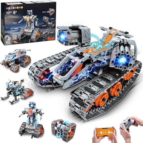 Image of HOGOKIDS 5-in-1 Robot Kit with LED, RC Technology Construction Toy with App & Remote Control, Tank Racing Car, Programmable, Rechargeable, Gift for Boys and Girls from 6-12+ Years (604 Pieces)