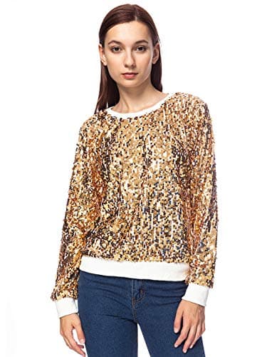 Image of Anna-Kaci Women's Sequin Sweatshirt Round Neck Top Metallic Long Sleeve Ribbed Cuffs Outerwear, Gold, Medium