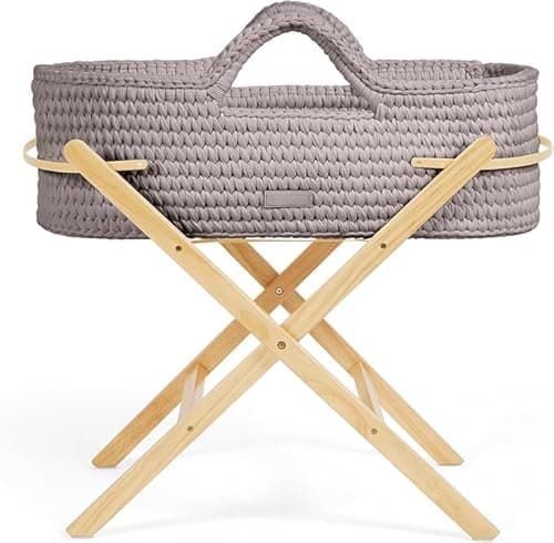 Image of Ickle Bubba Nova Crochet Moses Basket & Foldable Stand - Suitable from Birth to 9kg, Compact and Lightweight, Includes Plush Mattress, Ideal for Naps at Home or Travelling (Tawny/Pine)