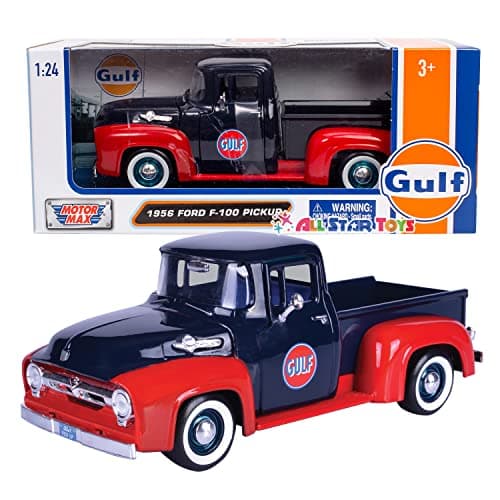 Image of 1956 Ford F-100 Pickup Truck Gulf Dark Blue and Red 1/24 Diecast Model Car by Motormax"""