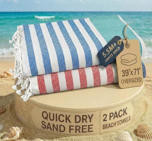 Image of LANE LINEN Beach Towels For Women, 2 Pack Large Turkish Towels Oversized, Pre-Washed, No-Shrink Sand Free Towel, Quick Dry, Lightweight Travel,Soft Beach Essentials 39"x71" - Stripe