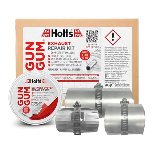 Image of Holts Gun Gum Exhaust Repair Kit Permanent Gas-Tight Exhaust Fix Repair Paste + 3 Metal Bandages MOT Repair Solution