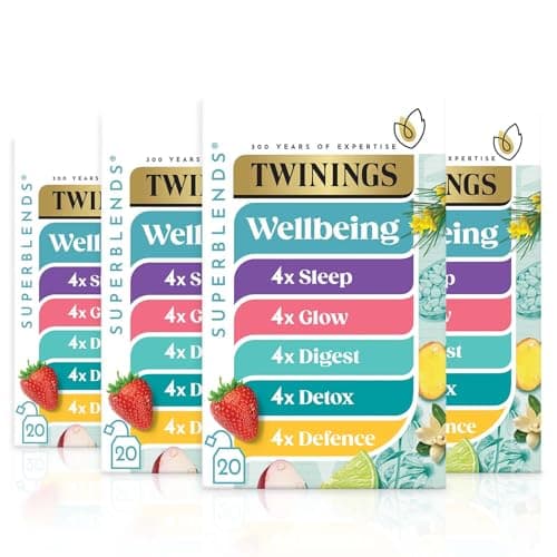 Image of Twinings Superblends Wellbeing Collection - Defence, Glow, Digest, Detox & Sleep Tea Bags, 4 x boxes of 20 biodegradable tea bags, 80 bags in total