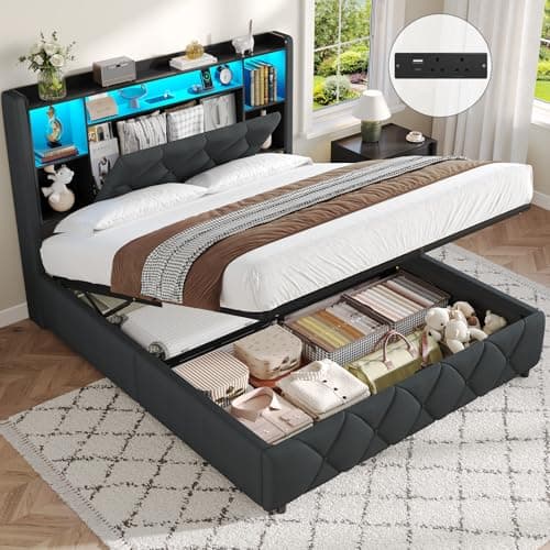 Image of Brinlawb 4ft6 Double Ottoman Bed Frame with Charging Station & LED Lights, Double Bed Frame with Hydraulic Lift Mechanism, Upholstered Storage Headboard, Lift-Up Underbed Storage, Easy Operation, Grey