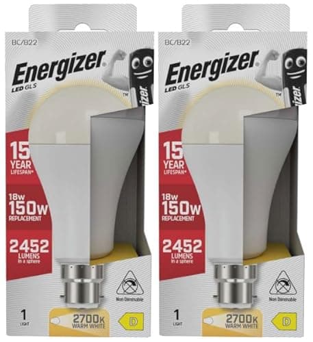 Image of Energizer B22 Bayonet LED Bulb 150W, Warm White, 150 Watts Equivalent, 2700K-3000K 18W BC GLS, Light Bulbs, Energy Saving, 2452 Lumen, Non-Dimmable, Extra Bright, Pack of 2