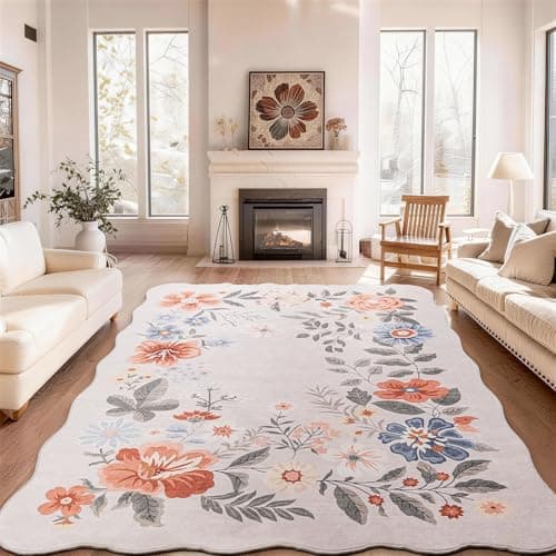 Image of SOANNY Floral Living Room Rug, Vintage Scalloped Boho Area Carpet, Soft Low Pile Washable Non Slip Stain Resistant Rugs for Bedroom Entryway Vanity Office Dining Room, 160x230 cm, Ivory Cream