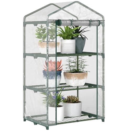 Image of Outsunny 3 Tier Mini Greenhouse Portable Garden Grow House with Roll Up Door and Wire Shelves, 69L x 49W x 125H cm, Clear