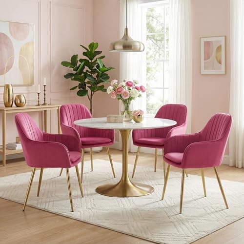 Image of Alivio Set of 2 Upholstered Dining Chairs, Velvet Accent Arm Chair with Removable Seat Cushion & Metal Legs, Modern Curved Chairs for Dining Room, Living Room, Bedroom (Pink)