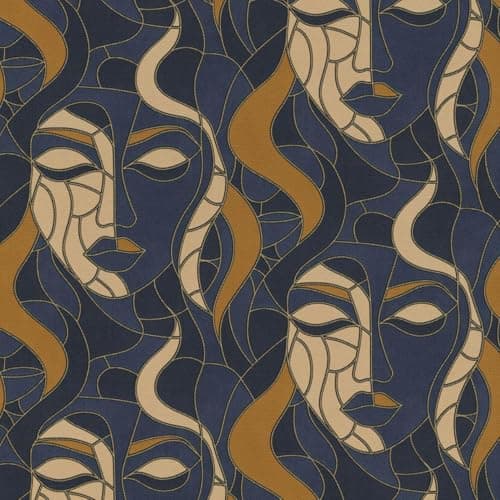 Image of Navy Blue Mosaic Faces Wallpaper - Modern Contemporary Abstract - Ochre Beige Feature Wall Paste The Wall