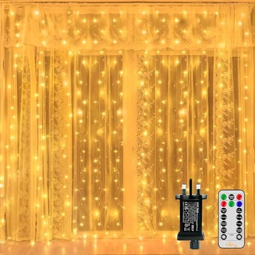 Image of Ollny Curtain Fairy Lights, 300LED 3mx3m Waterfall Hanging String Lights Mains Powered, Waterproof Window Light with Plug/8 Modes/Remote/Timer for Bedroom/Wall/Outdoor/Wedding/Garden/Party,Warm White