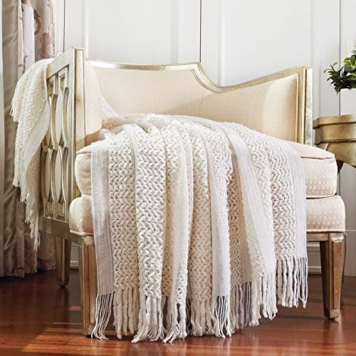 Image of CREVENT Farmhouse Knit Throw Blanket for Couch Sofa Chair Bed Home Decoration, Soft Warm Cozy Light Weight Textured Cover for Spring Summer Fall(127cmX152cm Cream/White)