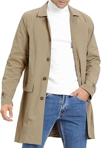 Image of Runcati Mens Trench Coat Slim Fit Single Breasted Casual Long Jacket Lightweight Lapel Fall Windbreaker Overcoat Khaki L