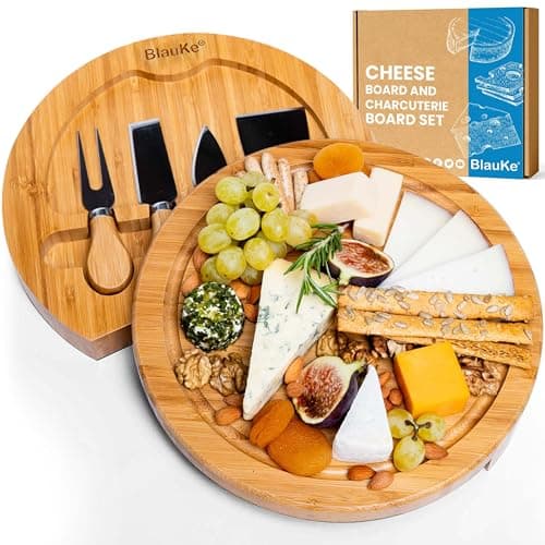 Image of BlauKe® Bamboo Cheese Board and Knife Set – 25cm Round Charcuterie Board, Serving Platter with 4 Cheese Knives – Wooden Cheese Board Gift Set