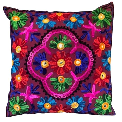 Image of Original Kikan Suzani Multi Colour Floral Embroidery 16"x16" 40 x 40 cm Indian Ethnic Cushion Cover Takiya Sofa pillow Zipper Back (MAROON)