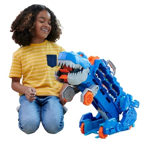 Image of Hot Wheels City Toy Car Track Set, Ultimate T-Rex Transporter, Hauler Transforms into Stomping Dino with Race Track, From Netflix Series “Let’s Race”, HNG50