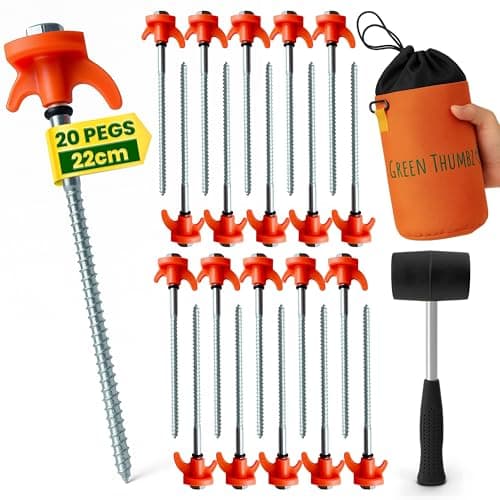 Image of Heavy Duty Tent Pegs - 22cm x 20 Pack Orange Hard Ground Tent Pegs with Storage Bag, Carabiner, Rubber Rings, Socket Bit and Mallet - Galvanized Camping Pegs for Outdoor