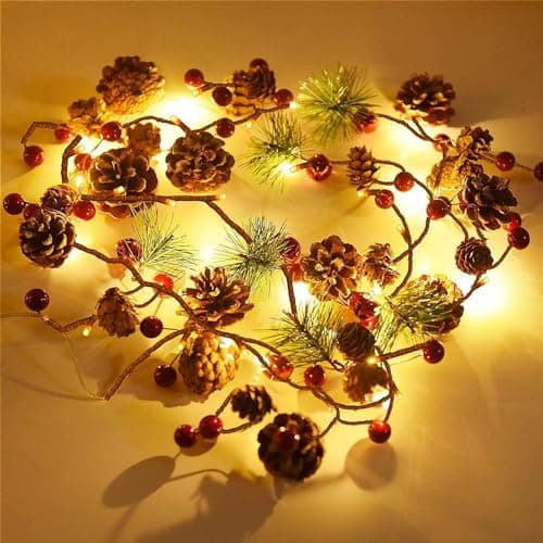 Image of Christmas Pine Cone String Lights,6.5 FT Red Berries Pinecone Christmas Garland,20 LED Battery Operated Fairy Lights for Mantle Fireplace Door Home Christmas Holiday Party Indoor Outdoor Decor