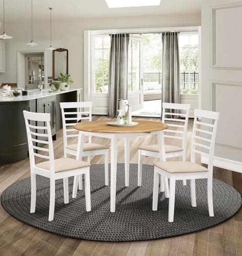 Image of Hallowood Furniture Ledbury Small White Round Dining Table and Chairs Set 4, Foldable Wooden Drop Leaf Table Kitchen Table and Chairs in Cream Fabric Padded Seat, Space-Saving Dining Set