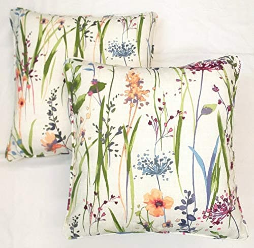 Image of Set of 2 Meadow Flowers Cushion Covers Vibrant Pink and Purple Lilac Heather Botanical Flowers on Green Stems and Leafs Design On a White Background Pillow Case 18" x 18" PROUDLY MADE IN THE UK