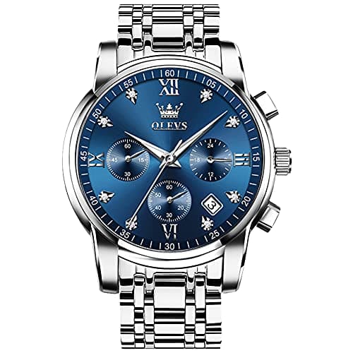 Image of OLEVS Men's Watches, Stainless Steel Analogue Quartz Watch, Multifunctional Diamonds Men's Watches, Classic Luxury Dress Men's Watch, A1 Blue Dial/Silver Band, standardmäßig, Bracelet