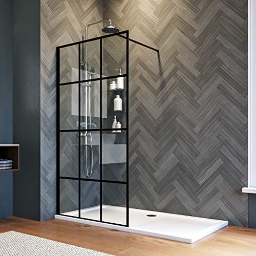 Image of ELEGANT 900mm Black Walkin Shower Screen 8mm Safety Shower Glass Door for Bath WetRoom Reversible Shower Glass Panel Matte Black Grid Walkin Shower Enclosure Cubicle