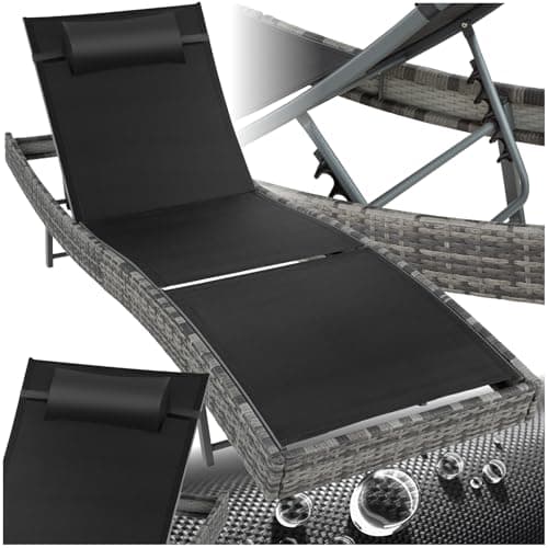 Image of tectake® Modern Sun Lounger with 6-Position Backrest, Breathable Mesh Fabric, UV-Resistant Polyrattan, Sturdy Steel Frame, Head Cushion & Non-Slip Feet - Pool, Beach & Garden Chair - Mottled Grey