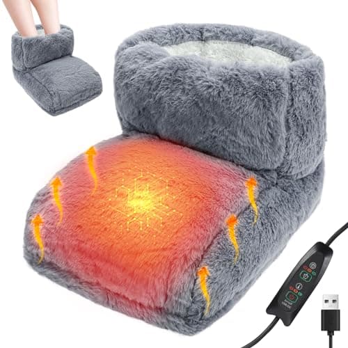 Image of Heated Foot Warmers - Furry USB Foot Warmer with Timer Settings & Adjustable Temperature, Electric Foot Warmer Heated Slippers for Women Men Winter Home Office Dormitory Keep Feet Warm (Grey)