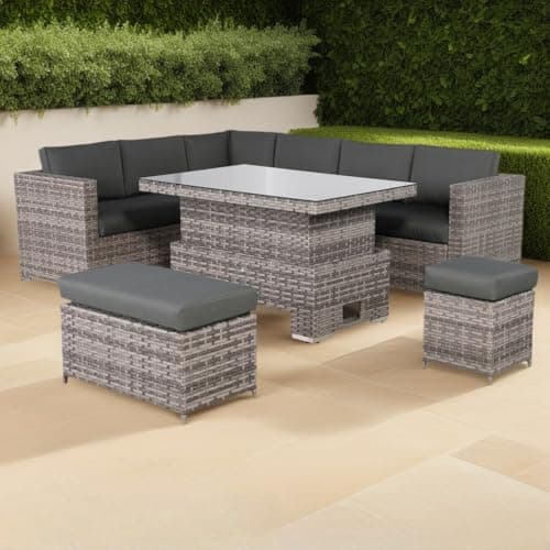 Image of Club Rattan Rattan Corner Sofa Set Rattan Garden Furniture Set Patio Corner Sofa Set with Rising Table and Washable Cushions (Grey, 9 seats)