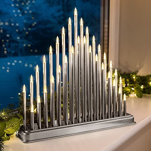 Image of CHRISTOW Silver Candle Bridge Tower Christmas Decoration, Battery Operated with Timer, 33 Warm White LED Window Light