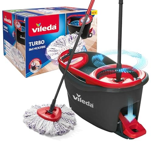 Image of Vileda Turbo 3in1 Spin Mop & Bucket Set with Foot Pedal | Telescopic Handle (Up to 123 cm) & Built-in Deep-Cleaning Microfibre Mop Head with Scrub Pad | Powerful Dirt Removal for All Hard Floors