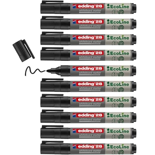 Image of edding 28 Ecoline whiteboard marker - black - box of 10 whiteboard pens - round tip 1.5-3 mm - whiteboard pen dry wipe - for whiteboards, flipcharts, pinboards, memo boards - sketchnotes - refillable