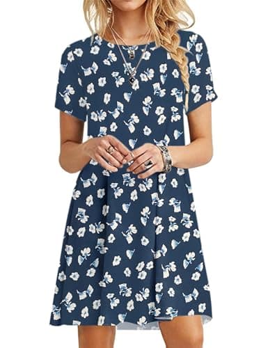Image of MOLERANI Summer Dresses for Women UK Round Neck Casual T-Shirt Dress Short Sleeve Ladies Beach Dress Floral Navy XL