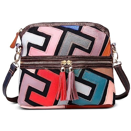 Image of DIRRONA Women’s Leather Shoulder Bag – Handmade Patchwork Crossbody Handbag with 3D Floral Appliqués, Multicolor Vintage Design, Lightweight Multi Pocket Bags Women for Work Multicolor Geometric